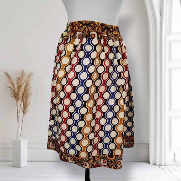 Vintage 70s Psychedelic Skirt Size S Wavy Geometric Print Elastic Waist Knee - Picture 1 of 15